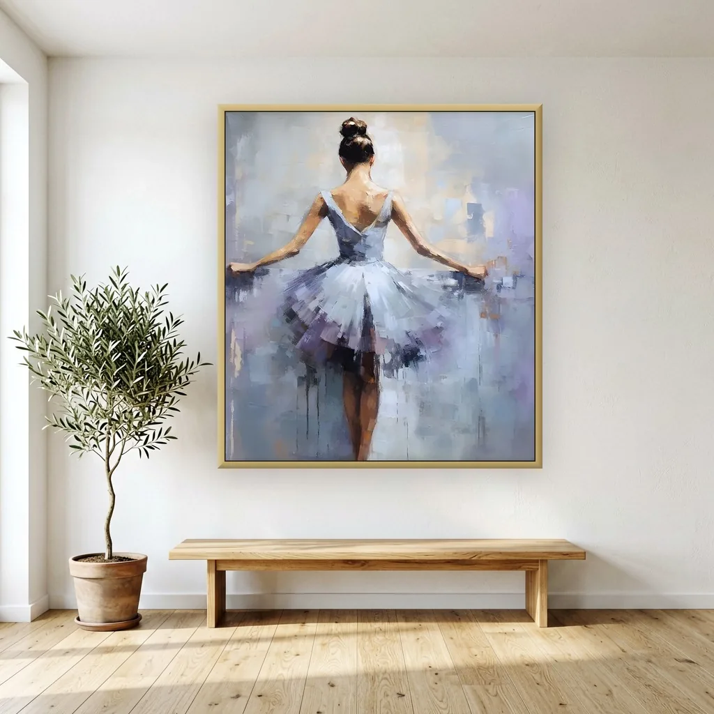 Plum lavender ballet dancer impressionist canvas painting displayed as framed wall art in a bright sunlit living room