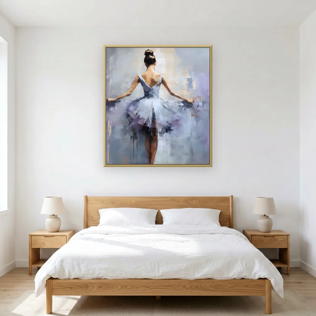 Plum lavender ballet dancer impressionist canvas painting displayed as framed wall art in an oak bright bedroom