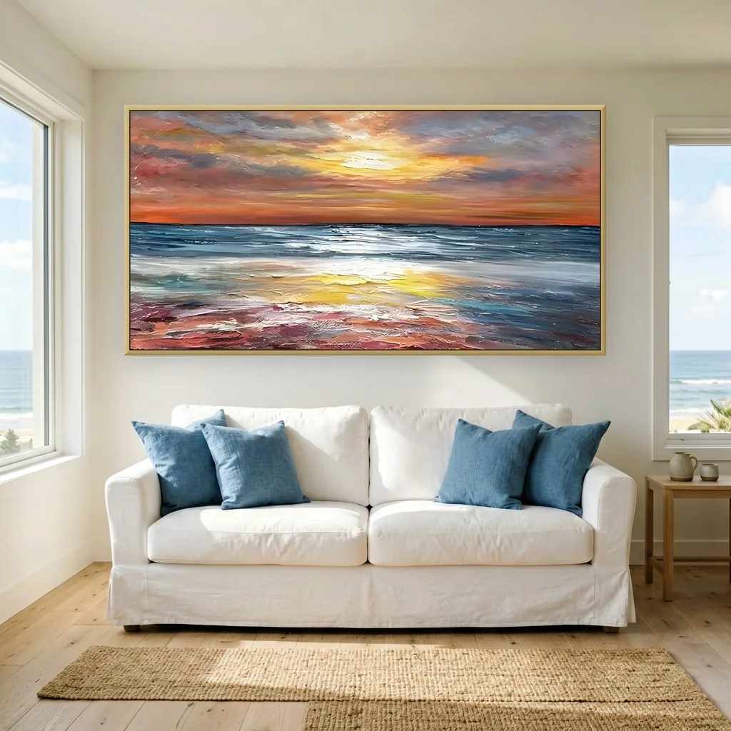Heavy impasto painting of a burnt orange sunset over the sea, golden light breaking through clouds onto blue-gray waves, hung over a white slipcovered sofa in a beach house living room with ocean views