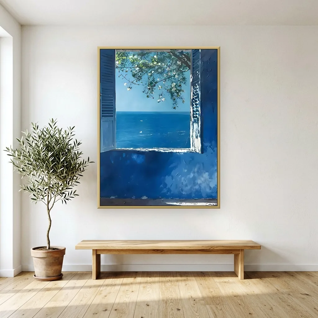 Deep blue open shutter sea-view impressionist canvas painting displayed as framed wall art in a bright sunlit living room
