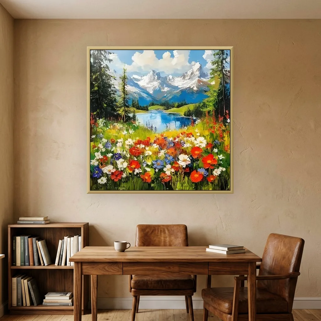 Snow-peak alpine meadow wildflower impressionist canvas painting displayed as framed wall art in a warm home office