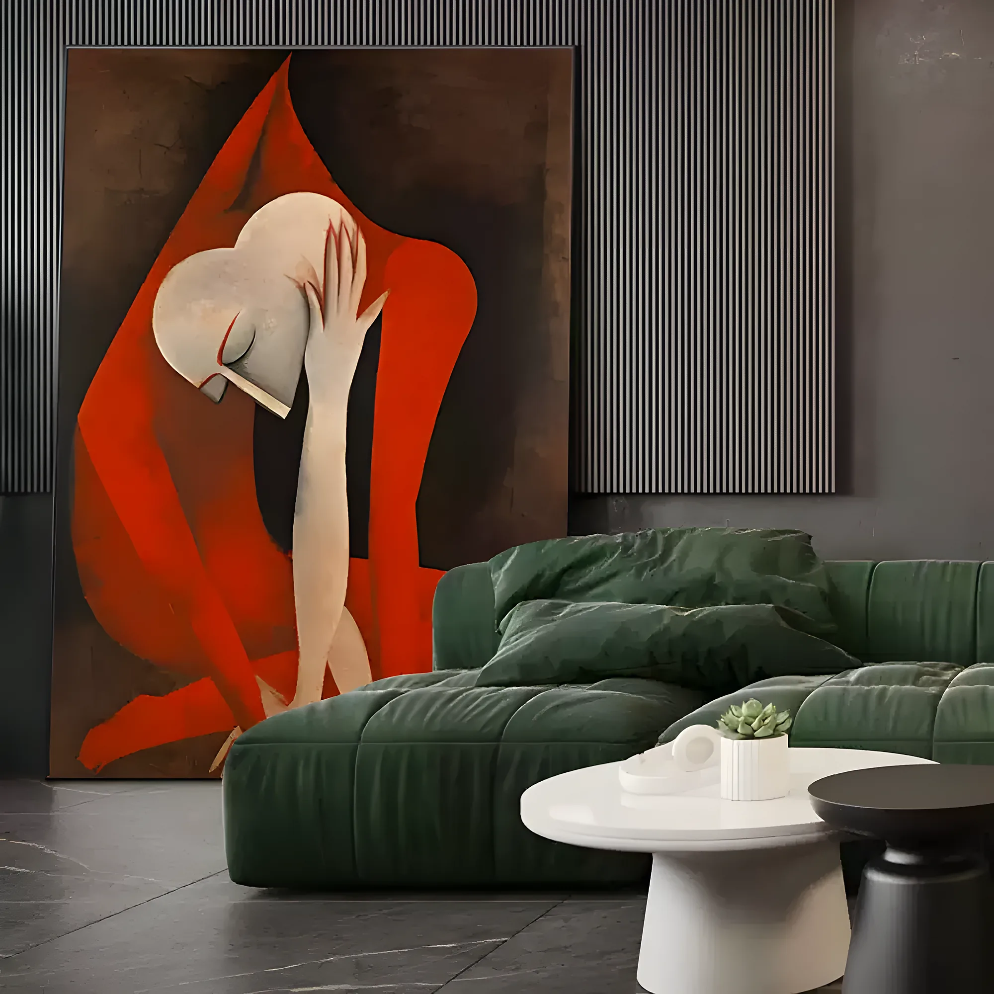 A seated woman in a flowing red robe presses a pale hand to her bowed head, worked in palette-knife oil