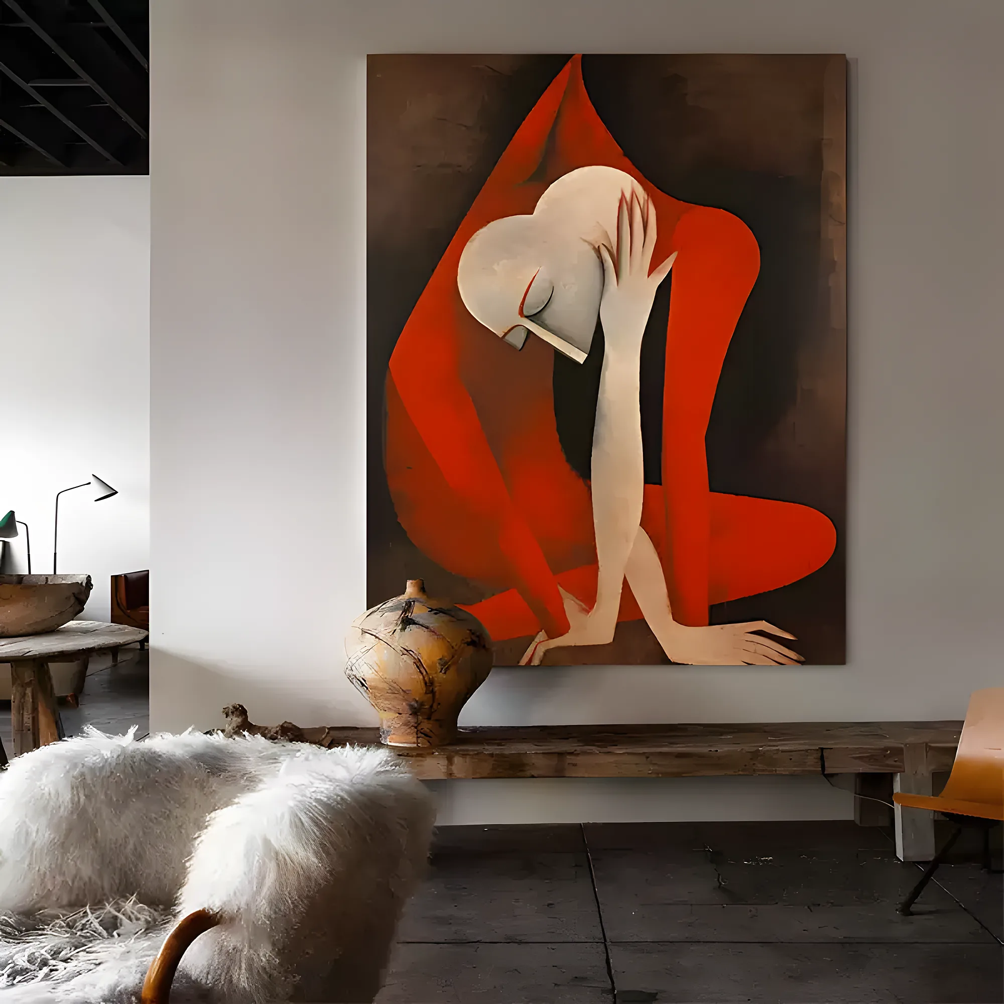 Bowed woman in a bright red robe cradling her head, her long ivory arm built up in heavy impasto, in a figure painting on a white wall above a rustic wood bench holding a speckled clay vase