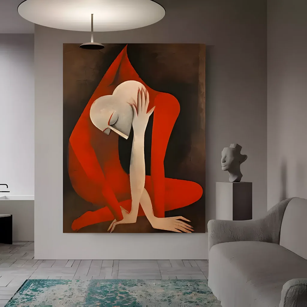 Red draped seated woman impressionist painting displayed as framed wall art in a scandinavian living room