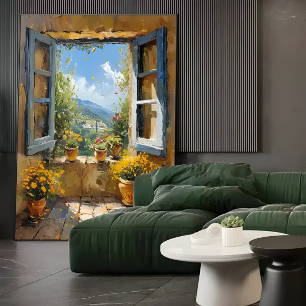 Sunlit Mediterranean sea window impressionist painting displayed as framed wall art in a modern living room