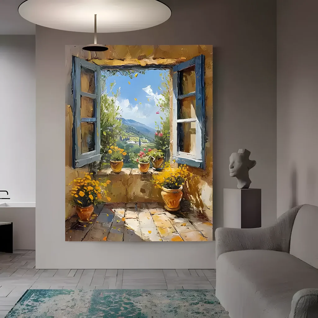 Sunlit Mediterranean sea window impressionist painting displayed as framed wall art in a bright living room