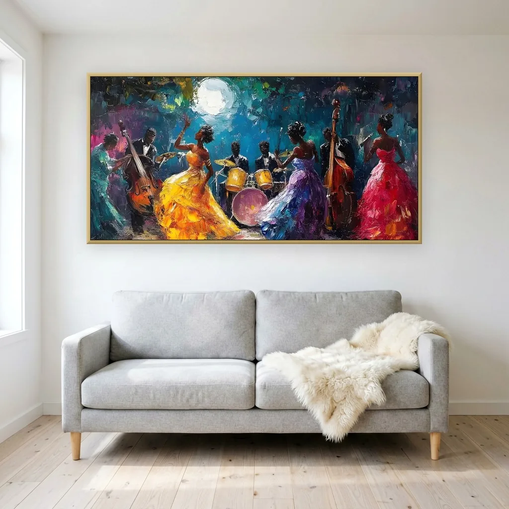 Indigo and gold impressionist jazz musicians canvas painting displayed as framed wall art in a bright scandinavian living room