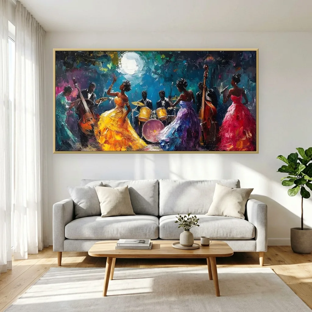 Indigo & gold impressionist jazz musicians canvas painting displayed as framed wall art in a bright sunlit living room