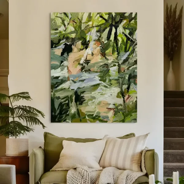 Green tropical pool bathers impressionist painting displayed as framed wall art in a modern living room