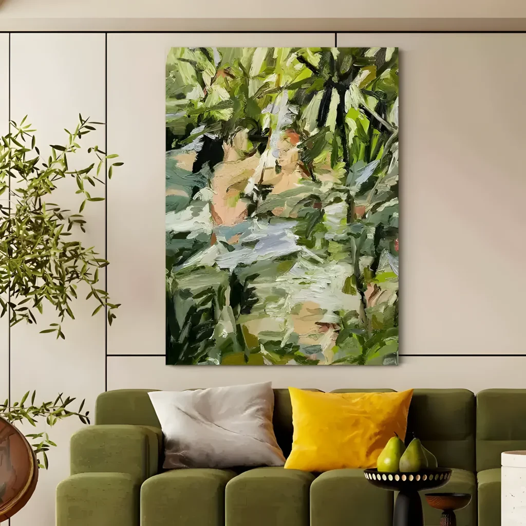 Green tropical pool bathers impressionist painting displayed as framed wall art in a bright living room