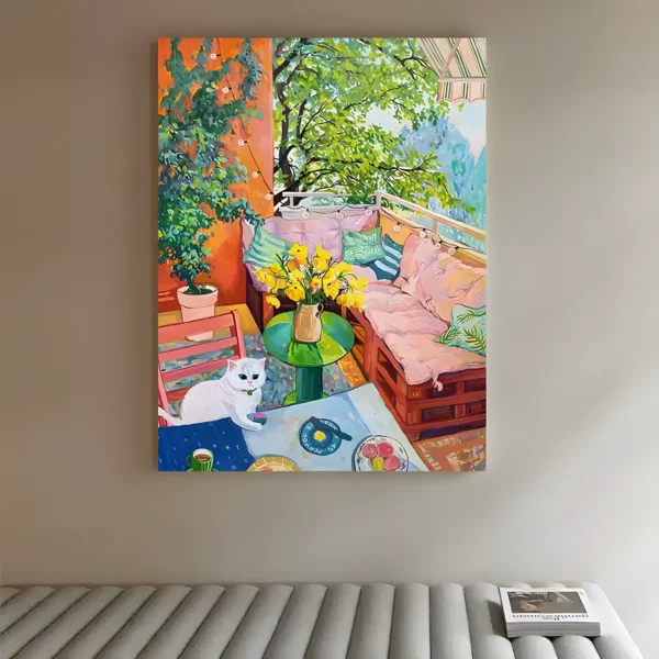Sunlit balcony with a white cat fauvist painting displayed as framed wall art in a modern living room