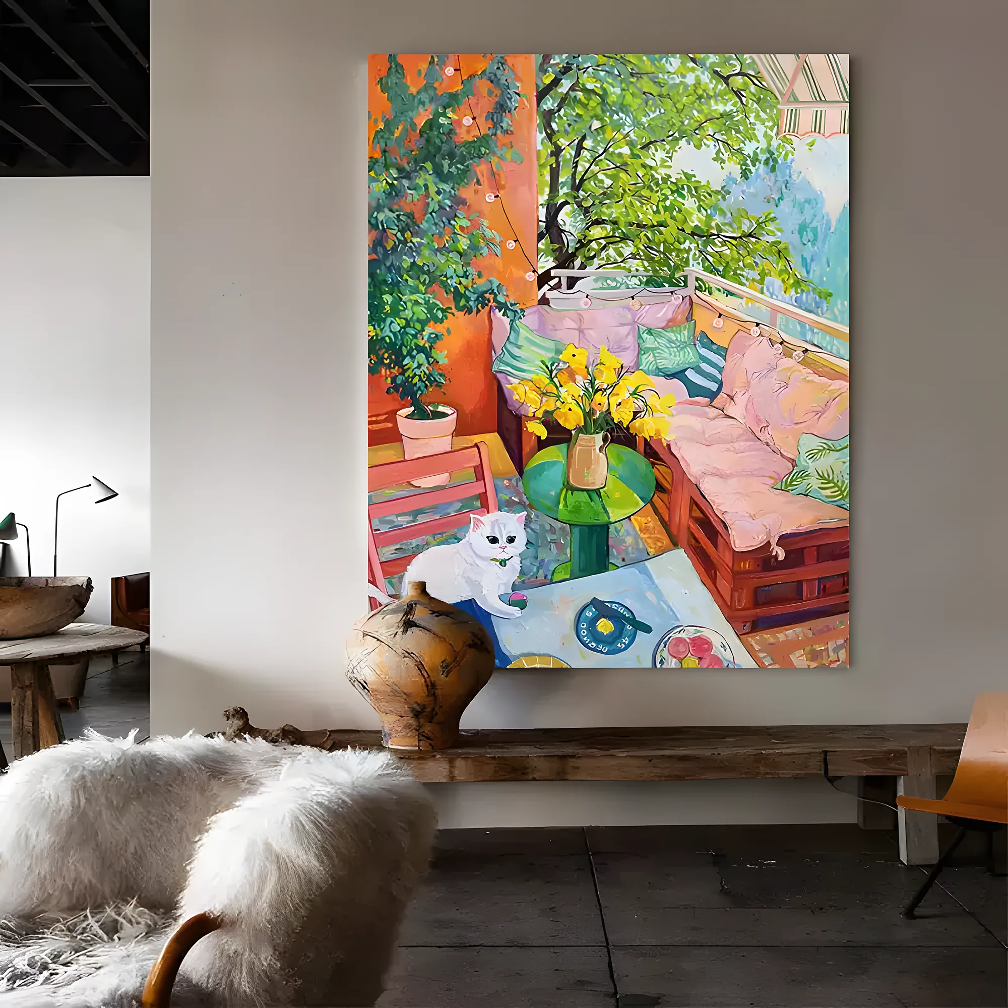 Sunlit balcony with a white cat fauvist painting displayed as framed wall art in a bright living room