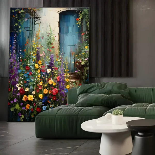 Blue door cottage garden impressionist painting displayed as framed wall art in a modern living room