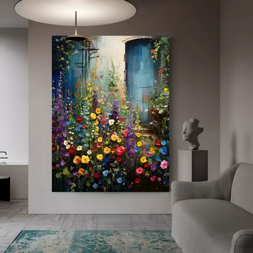 Blue door cottage garden impressionist painting displayed as framed wall art in a bright living room
