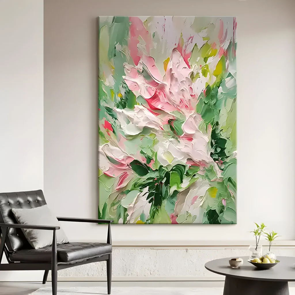 Pink roses and green leaves impressionist painting displayed as framed wall art in a bright living room
