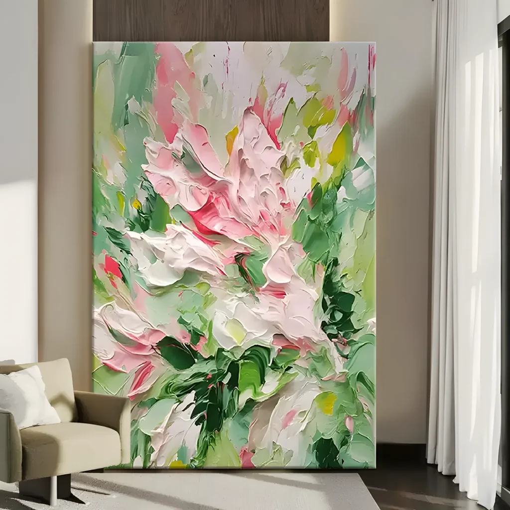 Pink roses and green leaves impressionist painting displayed as framed wall art in a scandinavian living room