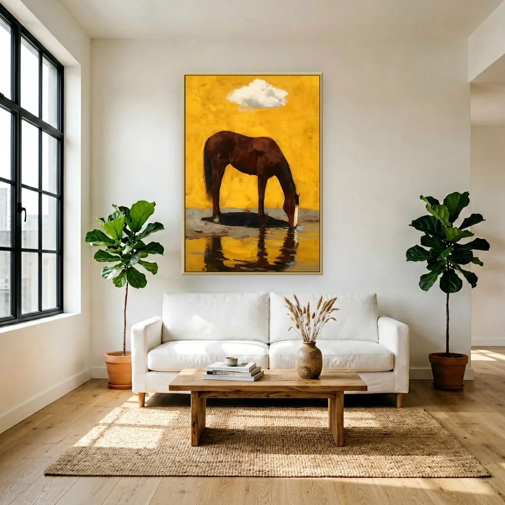 Brown horse on golden yellow minimalist canvas painting displayed as framed wall art in a white loft living room