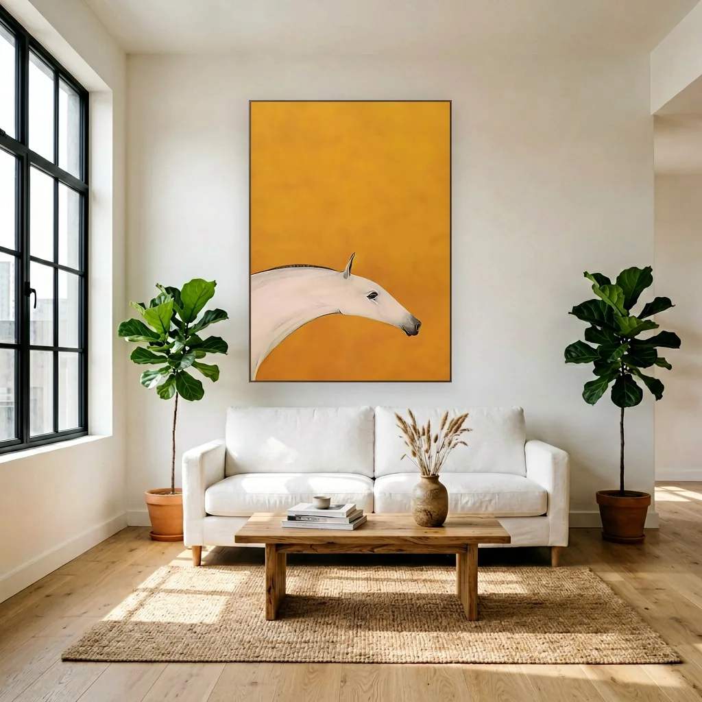White horse head on burnt orange minimalist canvas displayed as framed wall art in a white loft living room