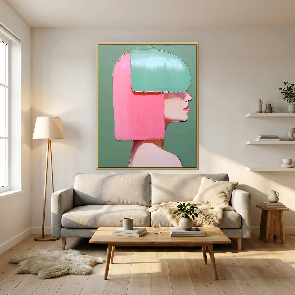 Blush pink and mint lady profile minimalist canvas painting displayed as framed wall art in a scandinavian sunlit living room