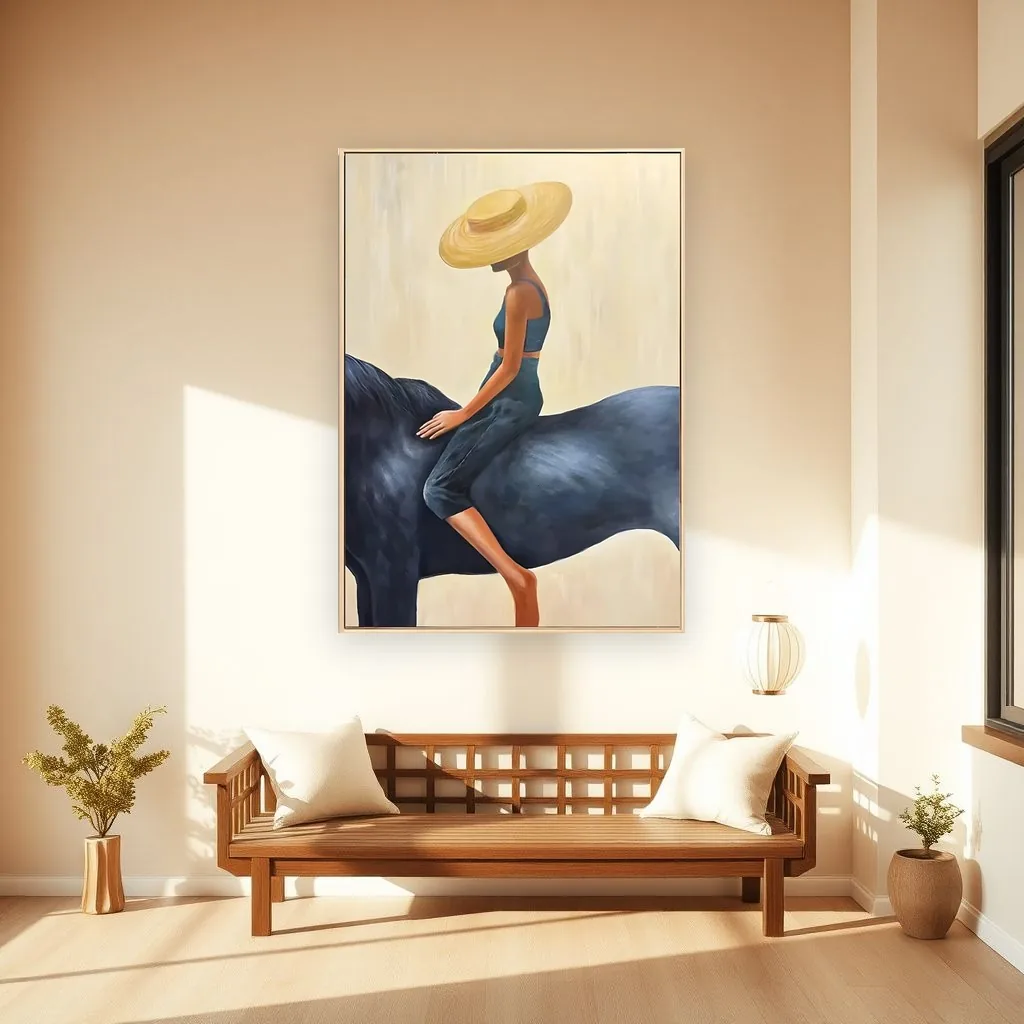 Soft beige lady on horseback contemporary minimalist painting displayed as framed wall art in a japandi warm living room