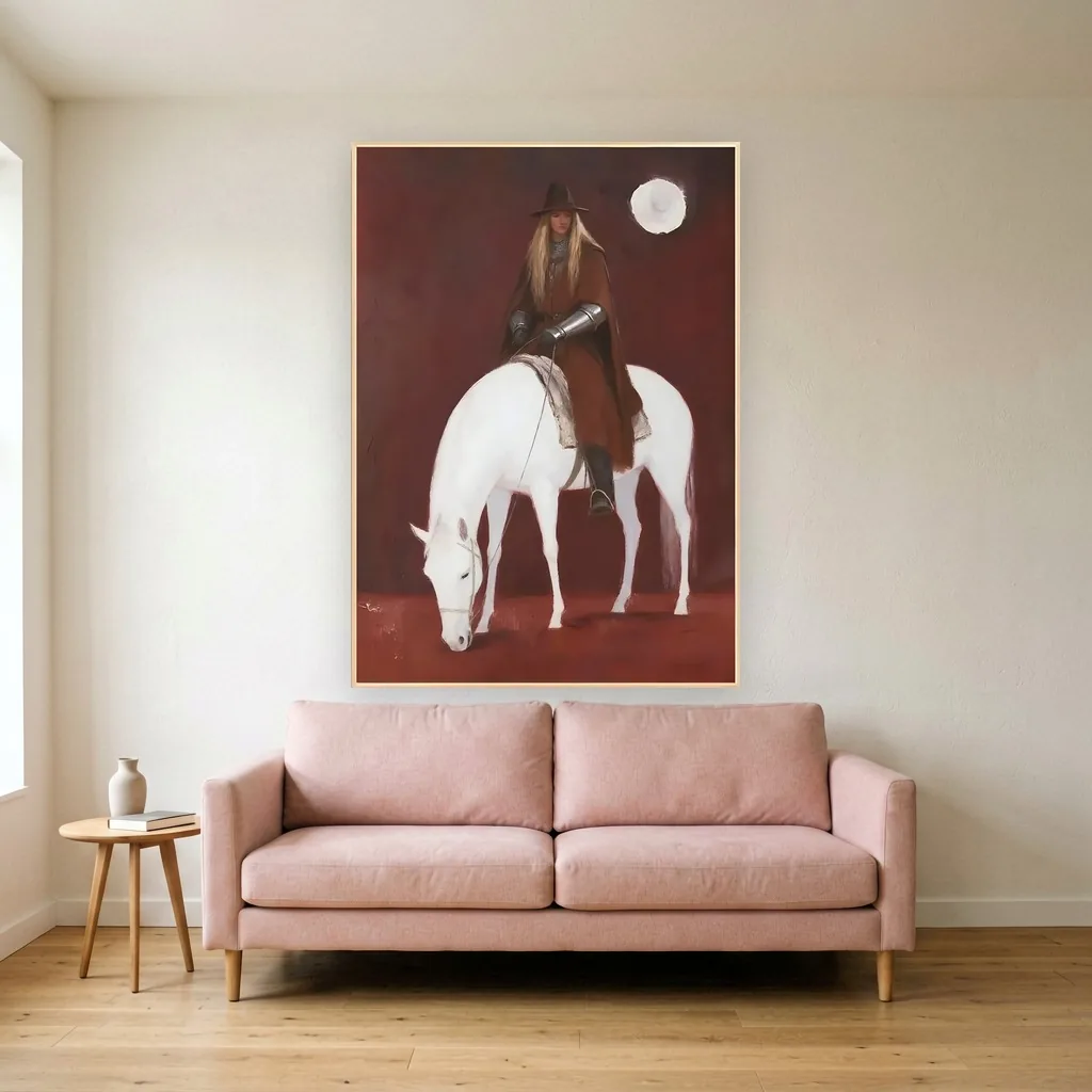Deep red & white moonlit horseback rider minimalist painting displayed as framed wall art in a blush pink modern living room