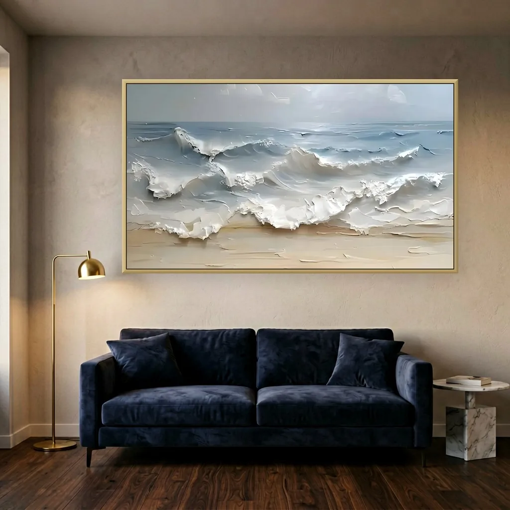 Soft white shoreline surf 3D textured relief canvas painting displayed as framed wall art in a luxe living room