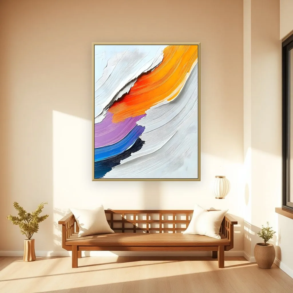 Bold orange & purple impasto abstract 3D relief painting displayed as framed wall art in a japandi warm living room
