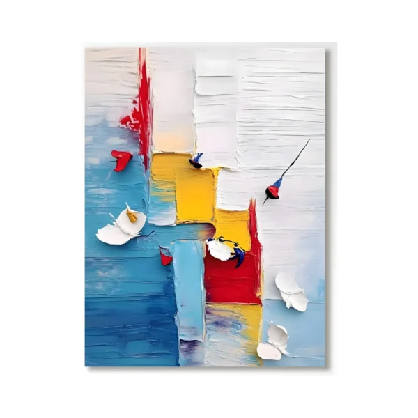 A large vertical textured painting of red, yellow and blue blocks over white, built in bold raised palette-knife relief, the thick blocks standing off the surface.