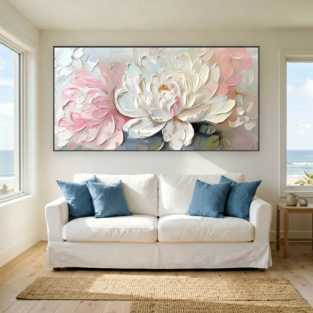 White peony canvas painting with a golden center and a blush pink bloom at left, its petals built in thick paint, hung above a white slipcovered sofa with denim blue pillows