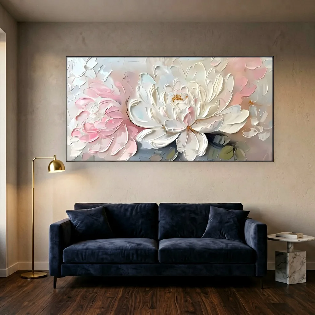 Blush pink & white impasto peony bloom canvas painting displayed as framed wall art in a luxe living room