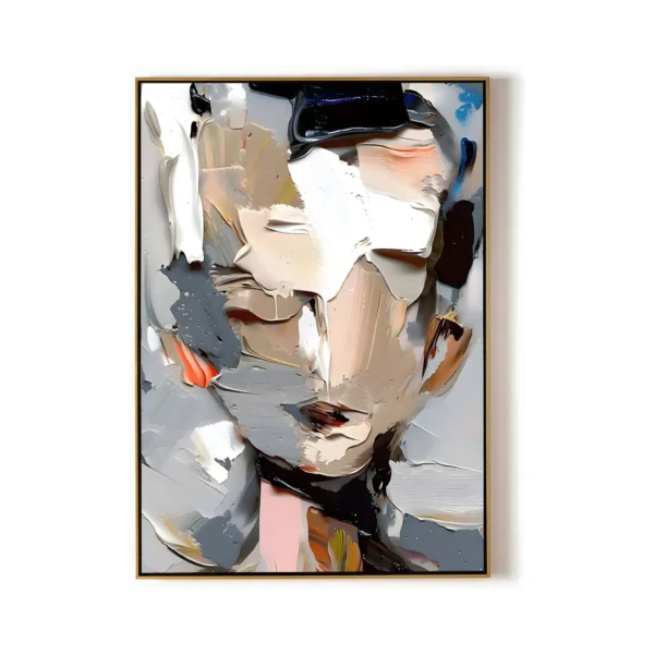 A large vertical textured painting of a female face shaped from cream, gray and peach slabs, built in heavy palette-knife relief, the thick strokes standing off the surface.