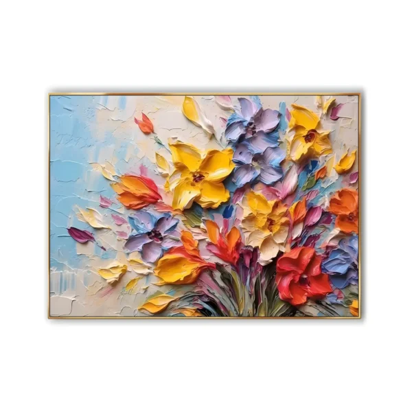 A large horizontal textured painting of a mixed bouquet in yellow, blue, red and purple, the petals built in thick raised palette-knife relief that stands off the canvas.