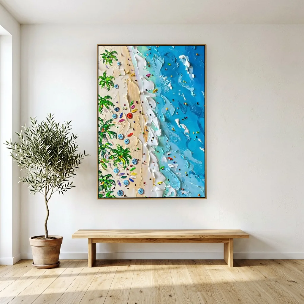 Turquoise sea and palm beach impasto aerial canvas painting displayed as framed wall art in a bright sunlit living room