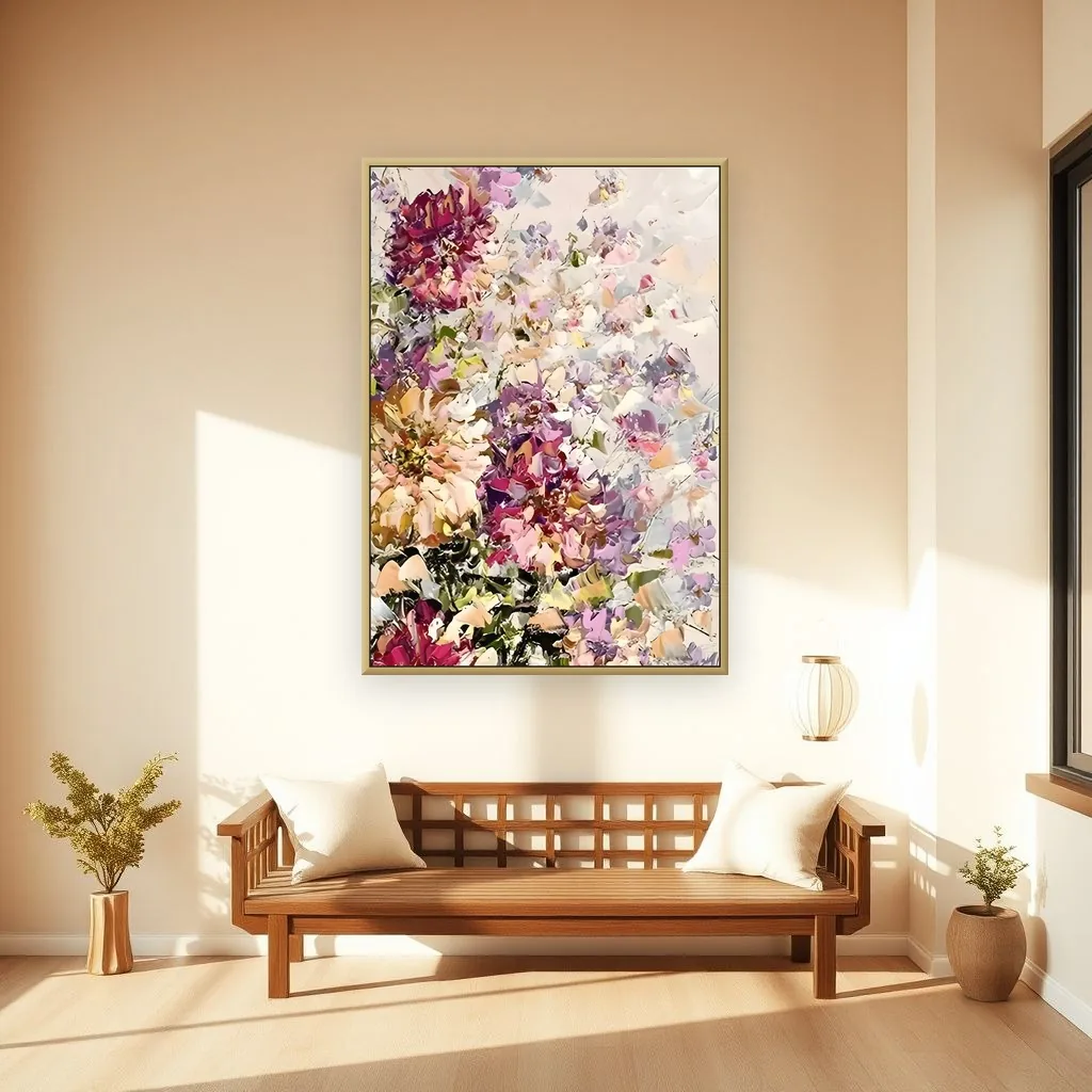 Lush pink purple & cream impasto flowers canvas painting displayed as framed wall art in a japandi warm living room
