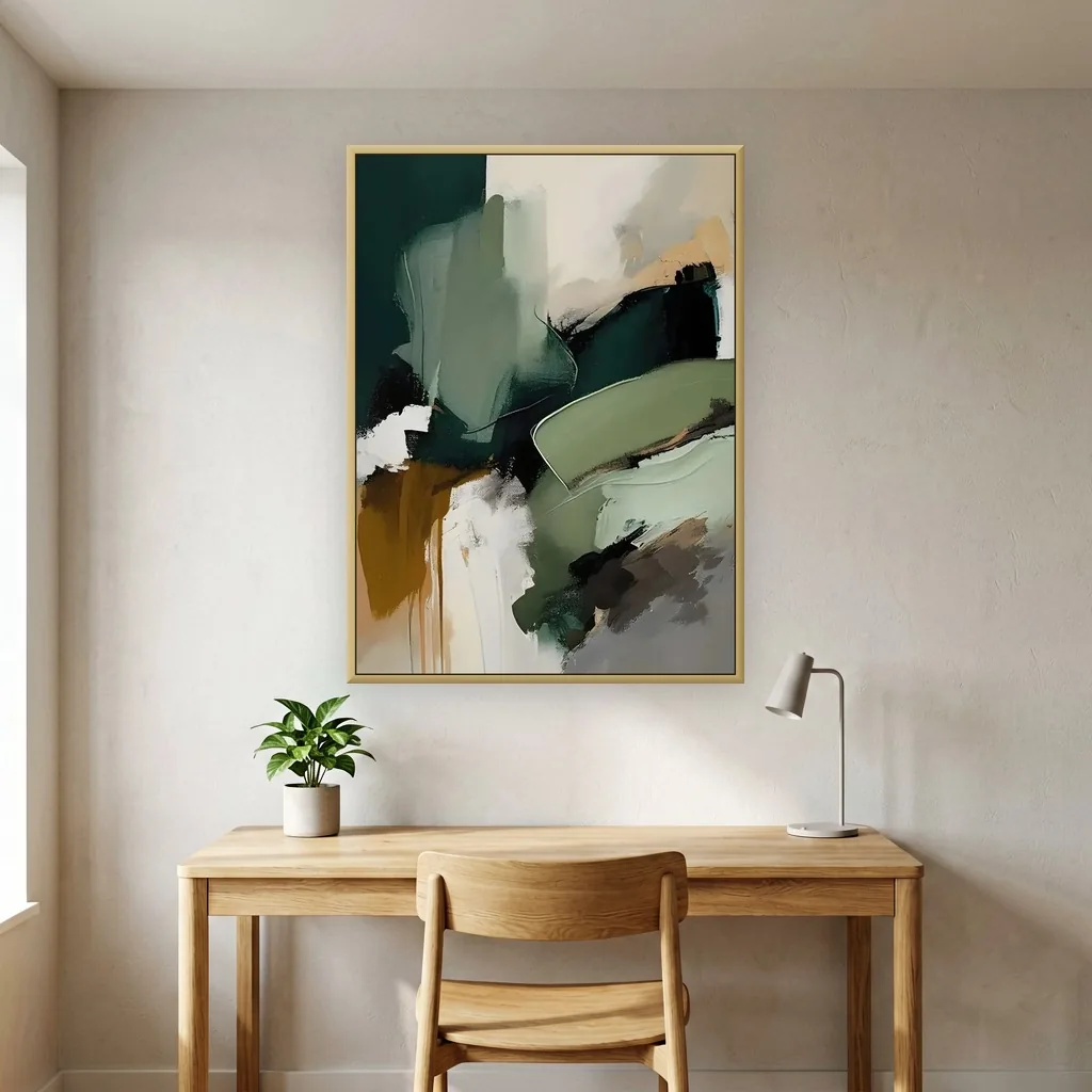 Soft sage & olive wabi-sabi earthy abstract canvas displayed as framed wall art in a modern home office