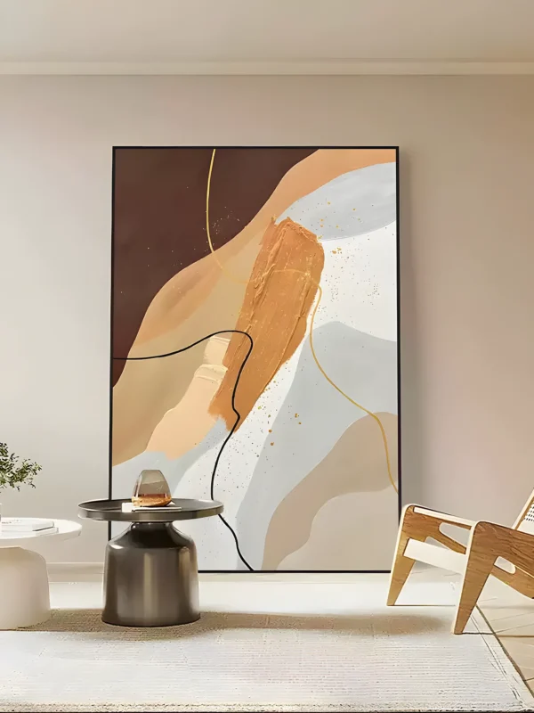 Soft terracotta and gray organic wabi-sabi painting displayed as framed wall art in a modern living room