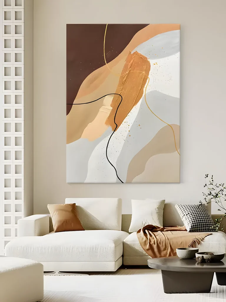 Soft terracotta and gray organic wabi-sabi painting displayed as framed wall art in a scandinavian living room