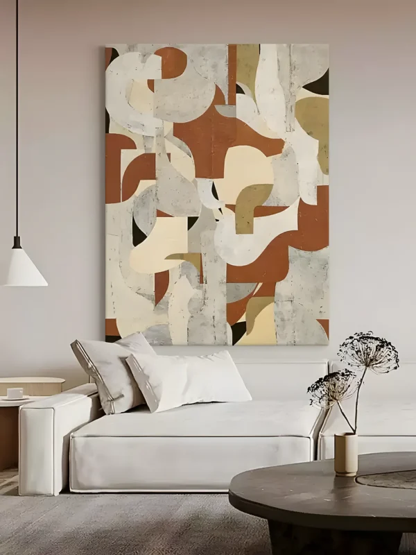 Brown and rust earthy organic wabi-sabi painting displayed as framed wall art in a modern living room