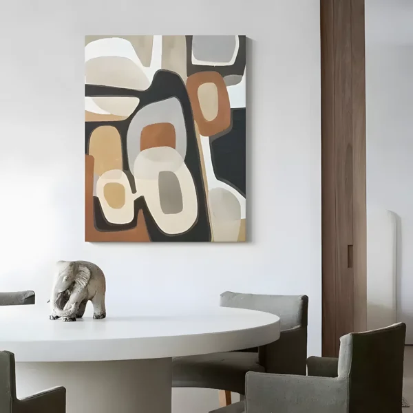 Brown and cream organic oval wabi-sabi painting displayed as framed wall art in a modern living room