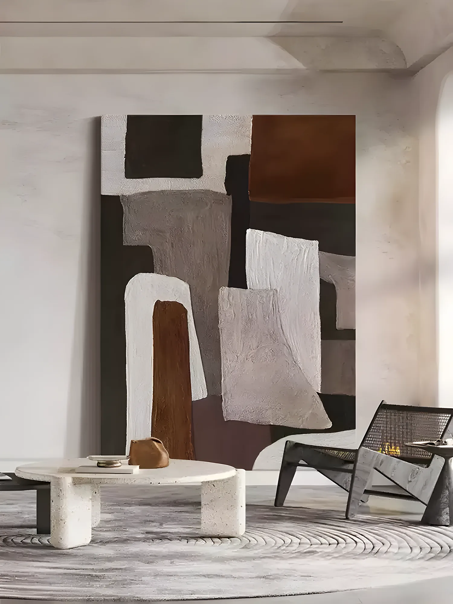 Oversized wabi-sabi canvas of espresso brown, warm gray, and chalk white thick paint blocks, leaning on a white plaster wall behind a round travertine coffee table and a black cane lounge chair