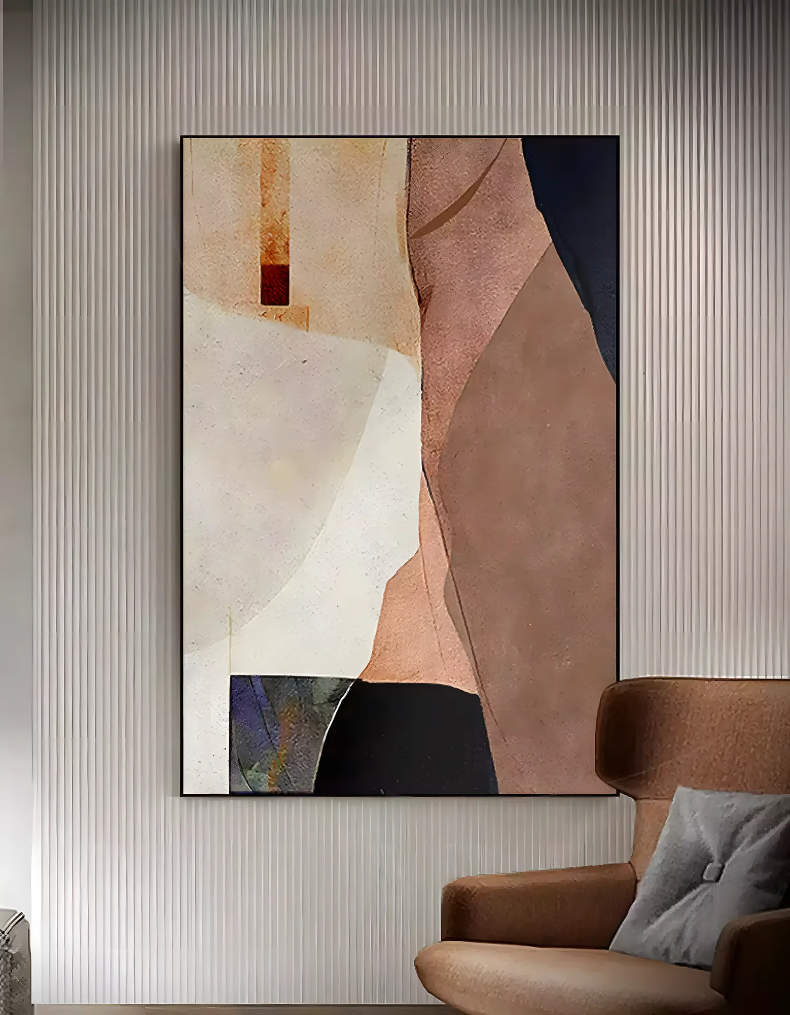 Beige and navy wabi-sabi painting with a cream curved field, dusty rose planes, an amber upper corner, and ink navy wedges in matte thick paint