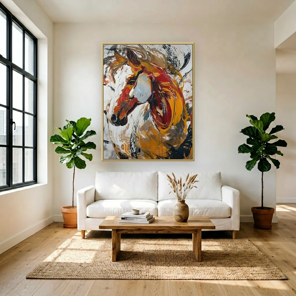 Burnt orange & red expressive stallion head maximalist painting displayed as framed wall art in a white loft living room