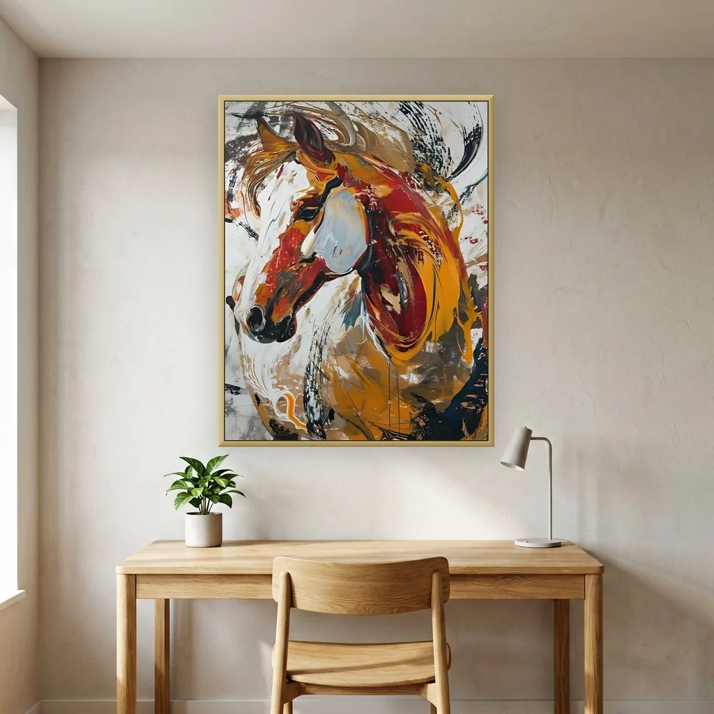 Burnt orange & red expressive stallion head maximalist painting displayed as framed wall art in a modern home office