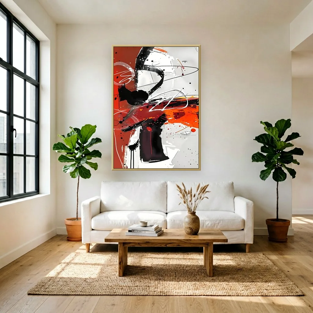 Crimson black & orange gestural expressionist painting displayed as framed wall art in a white loft living room