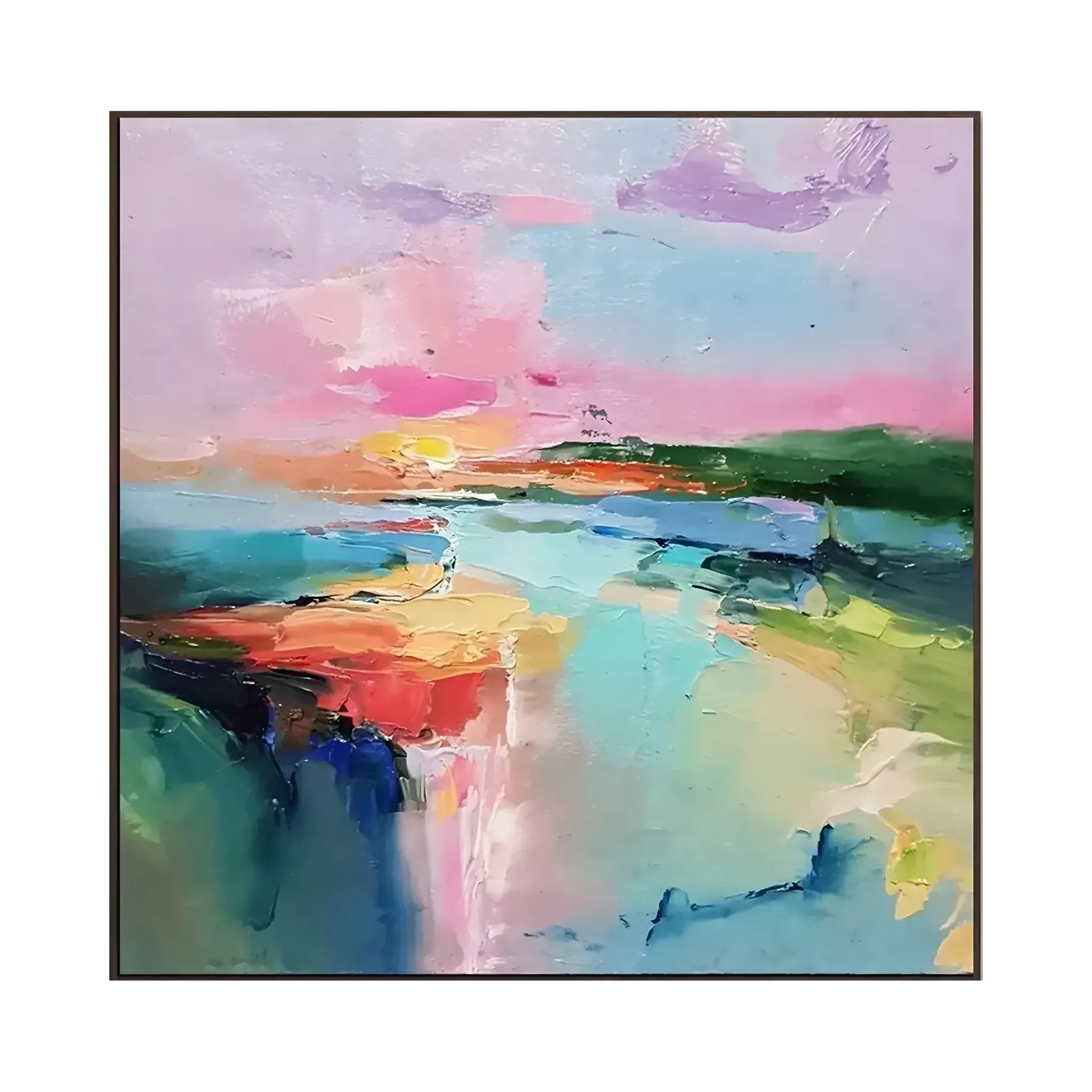 A large square abstract painting of a soft pink and lavender sunrise sky over green, blue and red palette-knife fields, the hazy horizon dissolving into loose color bands.