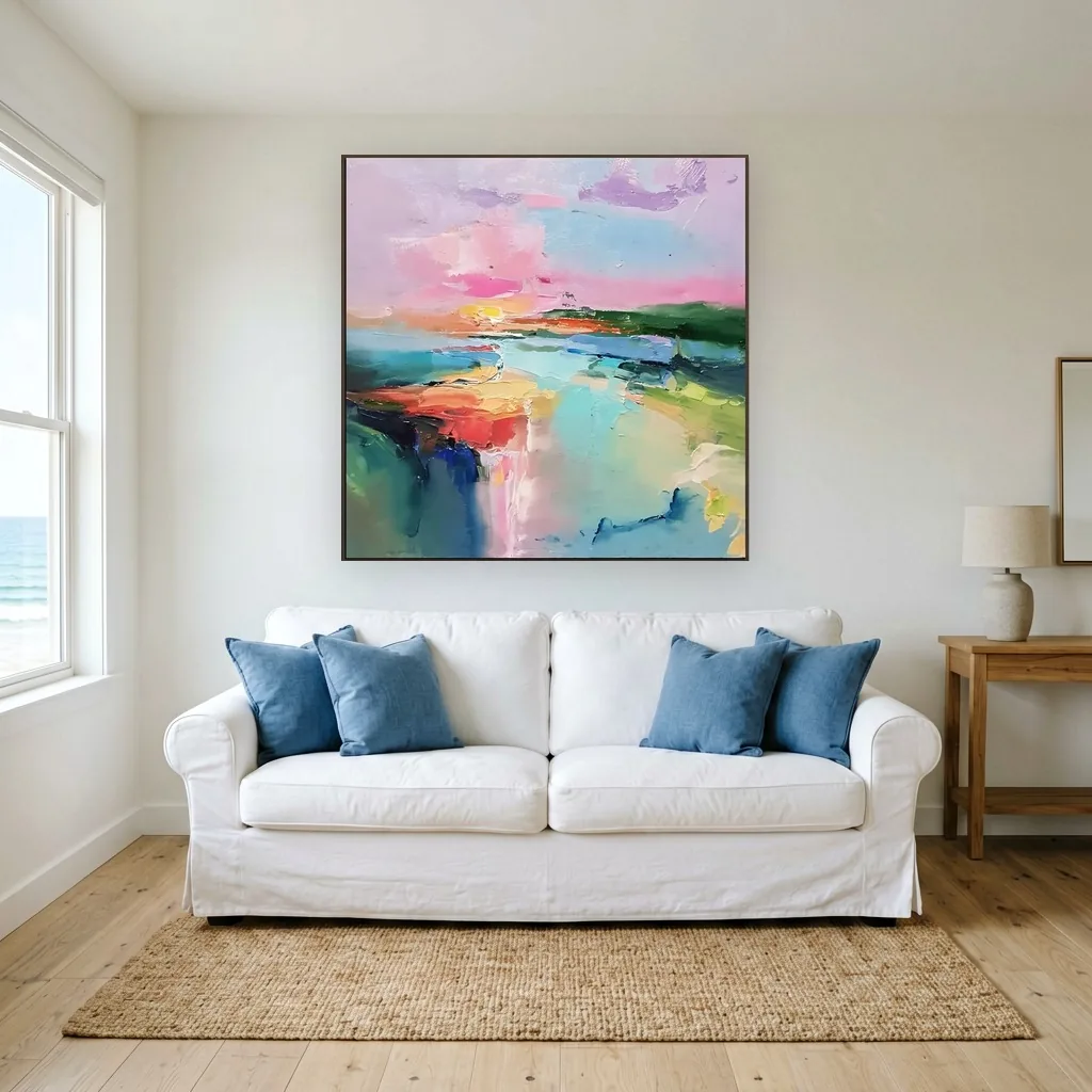 Abstract landscape wall art in palette-knife acrylic, pink sunset clouds above a teal lagoon and red-orange sandbar, mounted over a white slipcovered sofa with blue pillows in a coastal room with an ocean-view window