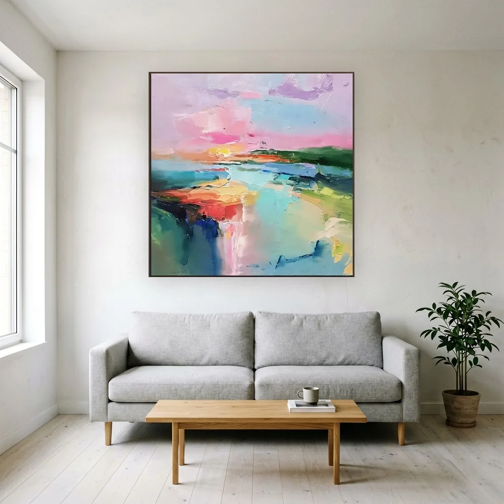Palette-knife oil abstract landscape canvas with a pink and lavender sunset over a turquoise lagoon and coral shoreline, hung above a light gray sofa and oak coffee table in a white Scandinavian living room