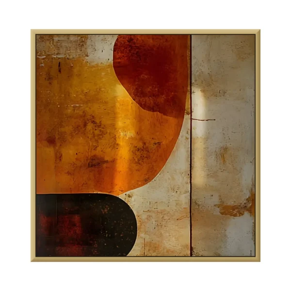 A large square abstract painting of rust, amber and cream organic shapes on a distressed earthy ground, the rounded forms layered in a soft mid-century palette.