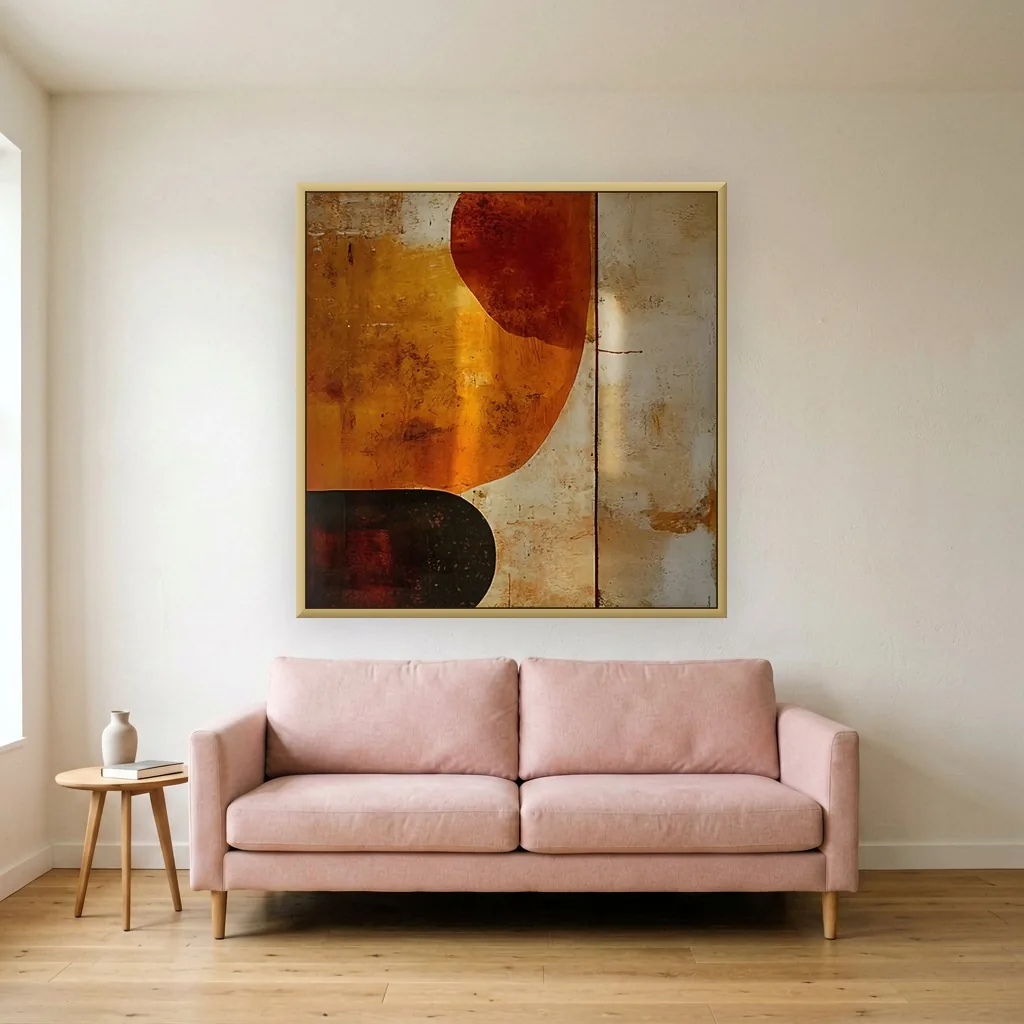 Burnt orange organic shapes mid-century abstract canvas, shown above a blush sofa in a modern living room