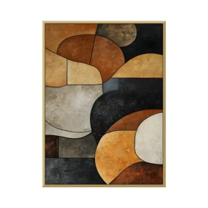 A large vertical abstract painting of rust, ochre, cream and charcoal curved shapes layered in interlocking mid-century geometric forms on a warm earthy ground.
